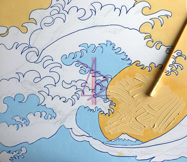 La Cht'ite Vague en cours de travail. On voit l'arrière plan qui représente la grande vague Kanawaga d'Hokusai