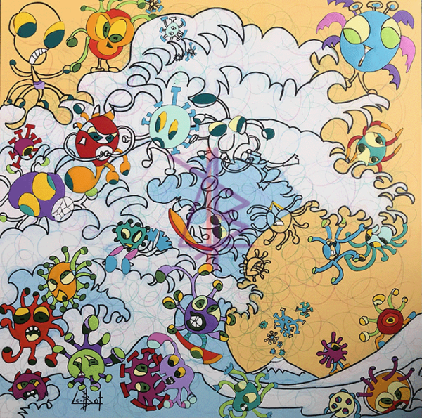 La Cht'ite Vague en cours de travail. Plusieurs COVID très colorés sont peins.