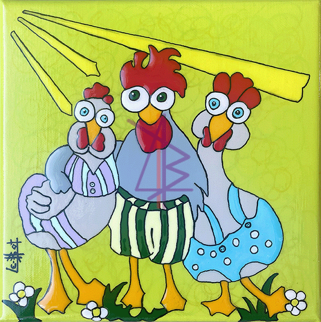 Cht'i coq entre deux poulettes, ailes dessous dessus