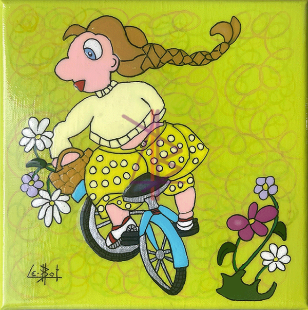 Jeune fille sur a Cht'ite Bicyclette Bleue portant un panier de fleurs;